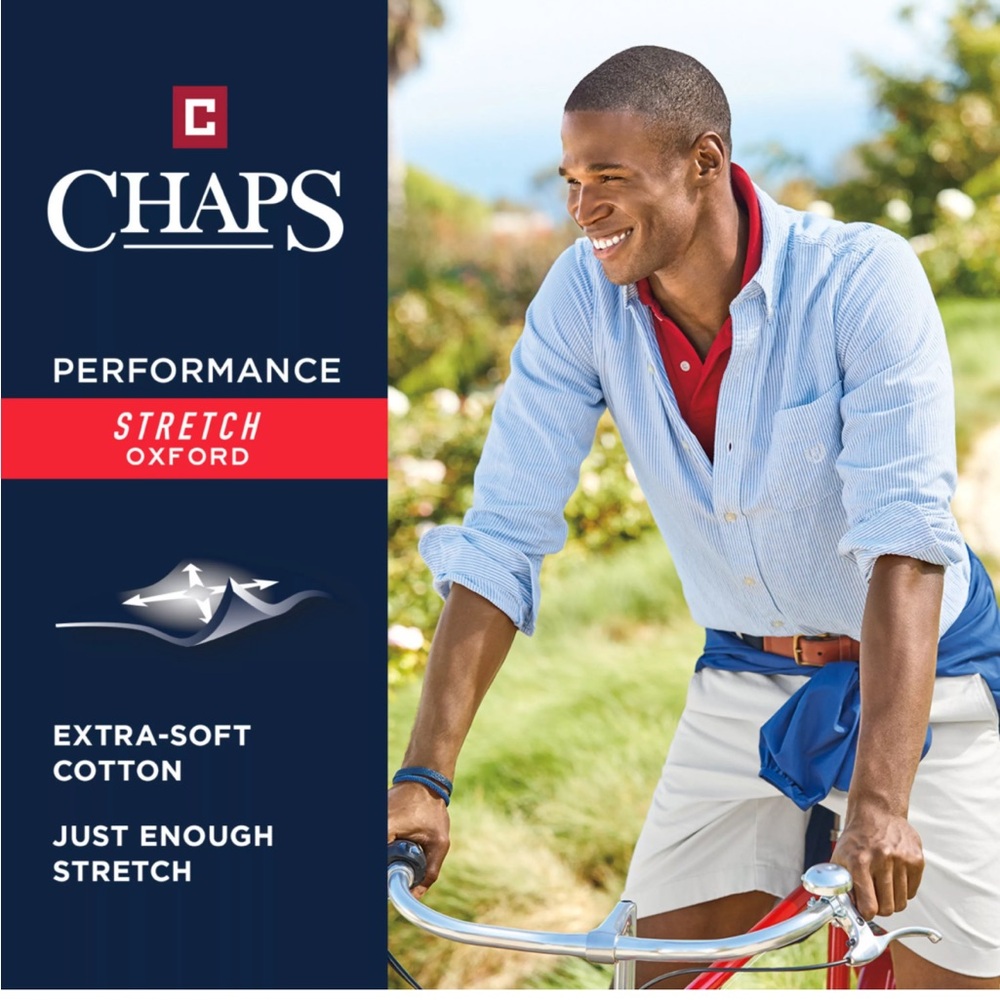 Chaps Men's Stretch Oxford Classic Blue and White Striped Shirt - Picture 5 of 8